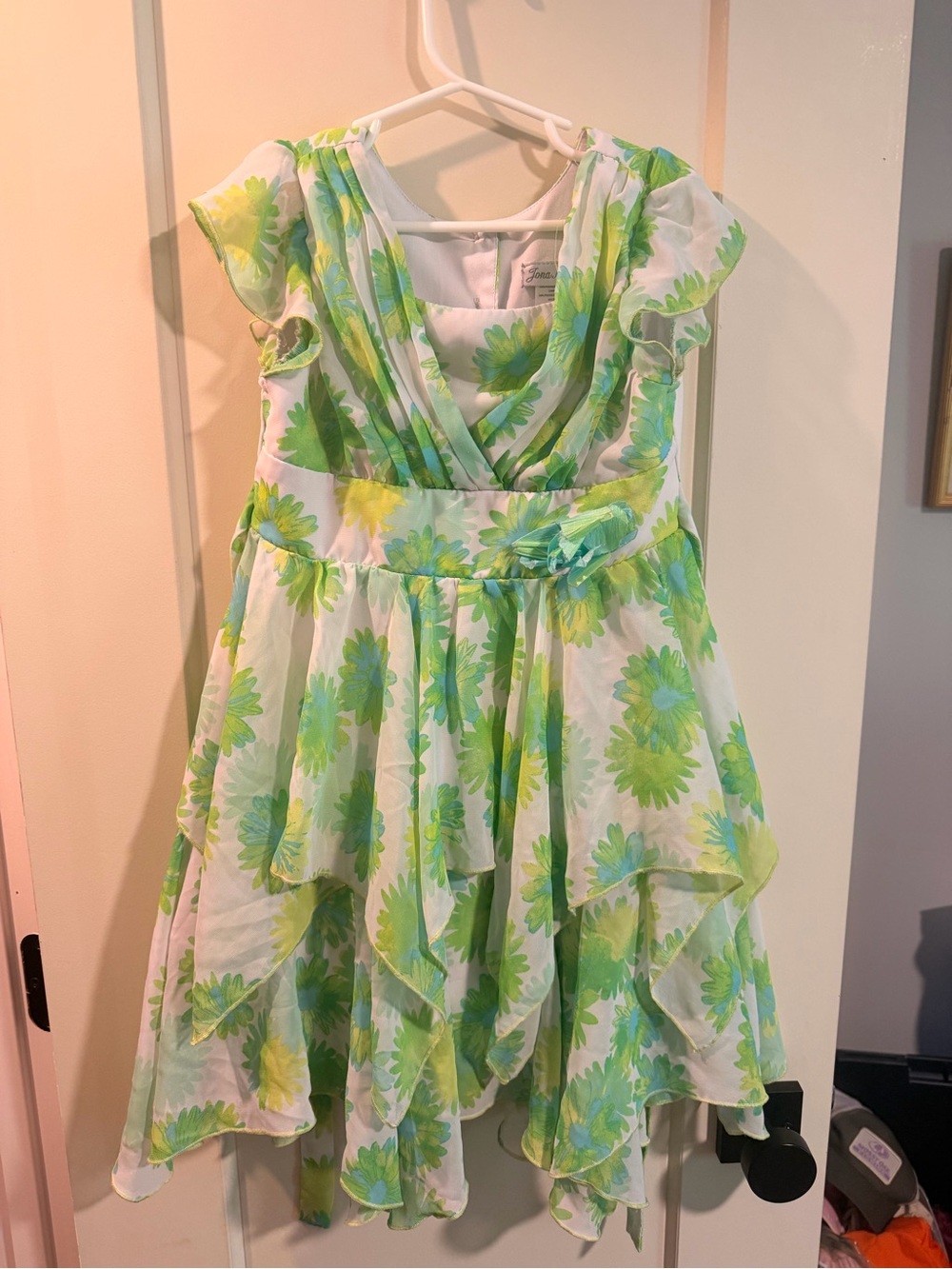 Jona Michelle Green & White Floral Ruffle Dress